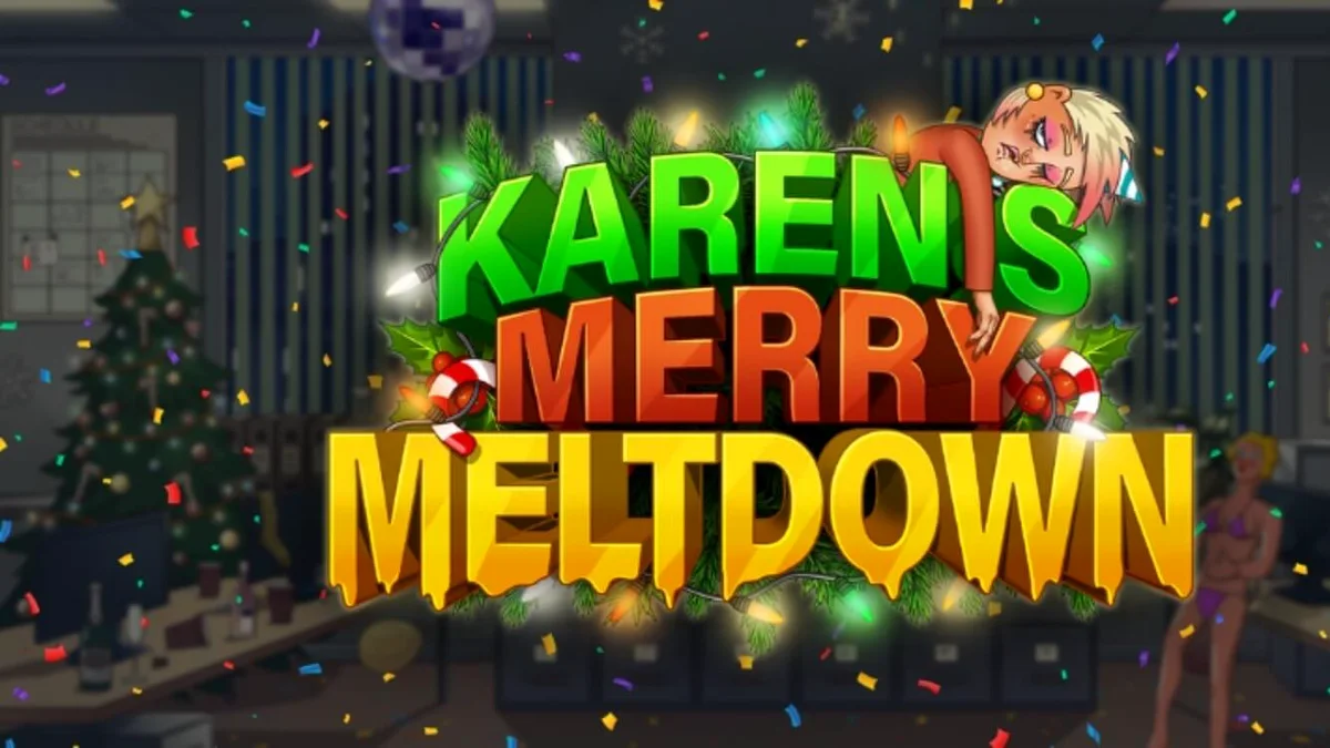 Tampilan visual slot Karen’s Merry Meltdown dengan tema pesta kantor yang kacau